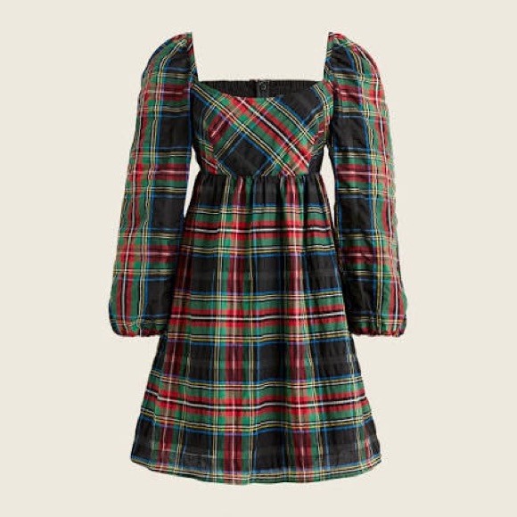 J crew new Stewart tartan dress poplin puff sleeve - Picture 1 of 2